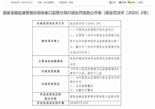农发行张北县支行被罚45万 因违规办理由财政资金担保及还款的业务